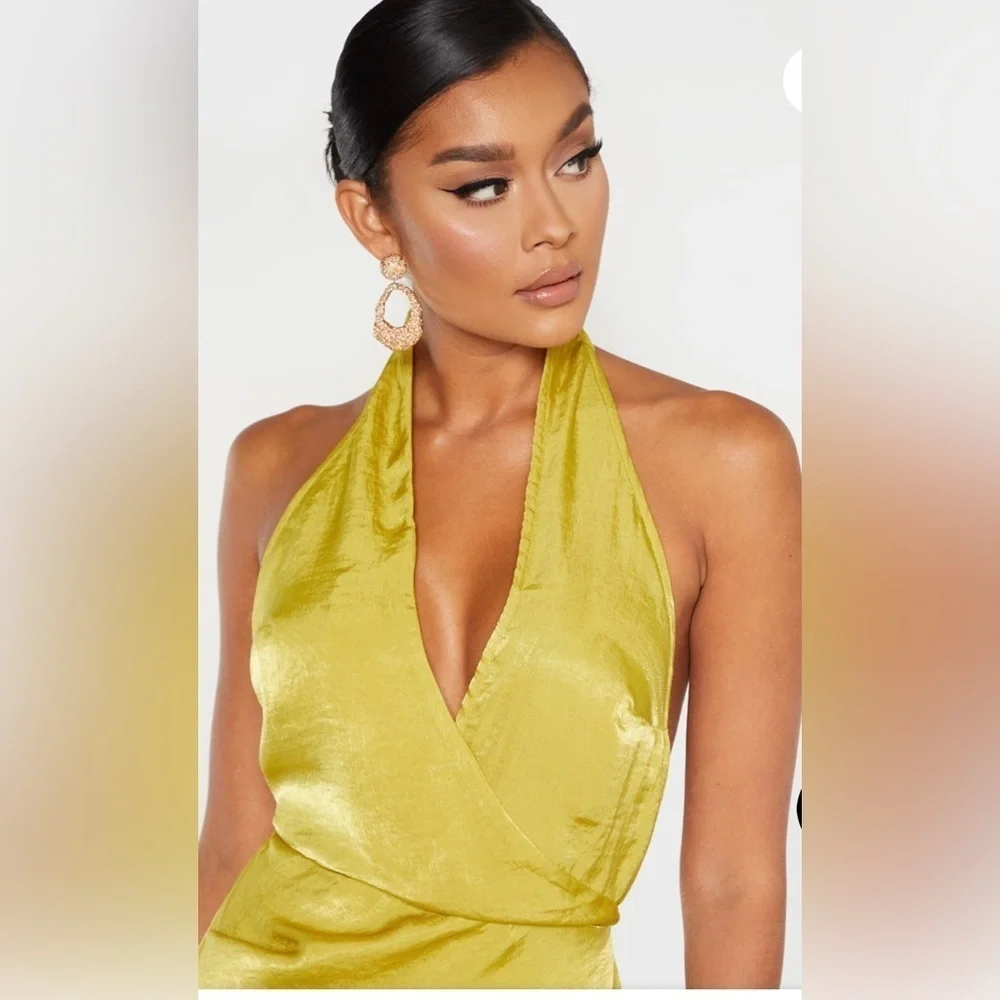 Pretty Little Thing Light Lime Hammered Satin Halterneck Maxi Dress Sz 10 - Picture 4 of 8